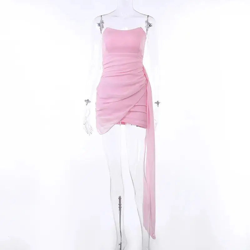Solid color sexy long ribbon Mini dress ladies summer