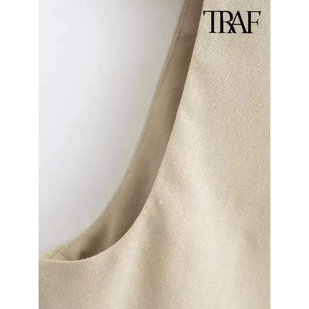 TRAF Women Fashion Front Button Crop Linen Waistcoat Vintage